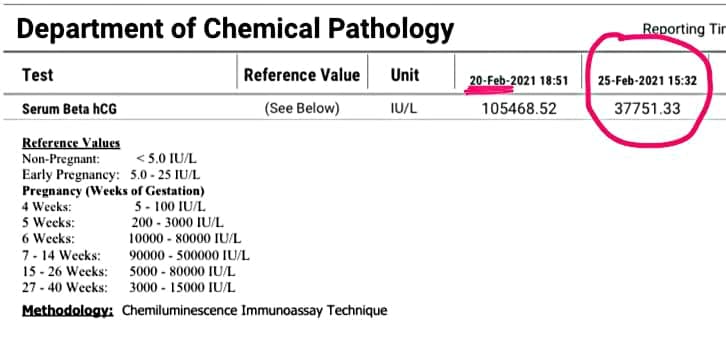 Example blood test result of a successful medial abortion